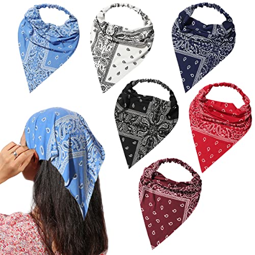 Vercret 6 Pack Hair Scarf Headband For Women - Elastic Hair Kerchief Large Boho Triangle Bandana Head Scarf With Clips Non Slip Paisley Print Headbands Hair Scarves For Teen Girls cover