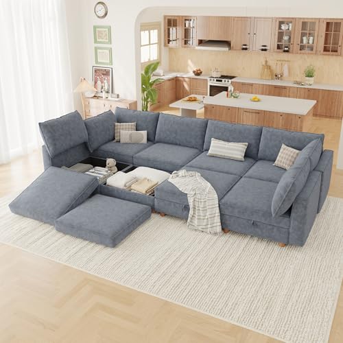 Image of 128 inch Modular Sectional Sleeper Sofa Bed with Storage & Washable Covers, 8-Seater Chenille Modular Sofa Bed with Movable Ottoman Chaise, Convertible Sleeper Sectional Couches for Living Room, Gray