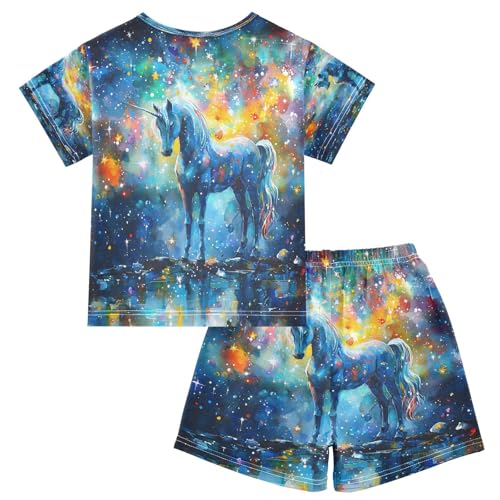 ALAZA Unicorn Star Oil Painting Pajamas Set Short Sleeve Cotton Sleepwear Summer Pjs 2 Piece 5-14Y2