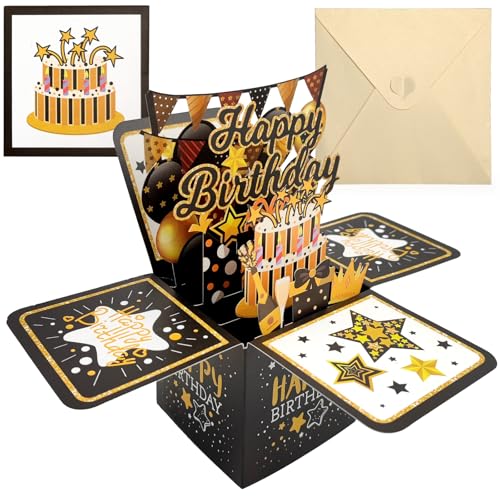 WD&CD Bunting Banner Happy Birthday Card, 3D Pop Up Greeting Card with Envelopes, Best Congratulation Card for Friends Husband Wife Mother Father Children Boys Girls, Black
