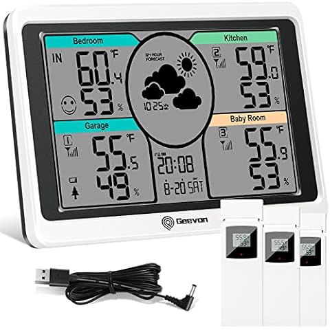 Geevon Weather Station with 3 Outdoor Sensors Wireless, Digital Temperature Humidity Monitor with Barometric Pressure, Dual Alarms, Adjustable Backlight for Home Garden Cover