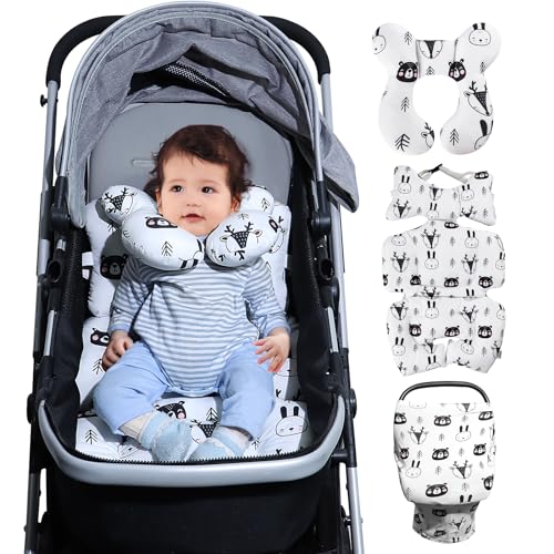 Image of KAKIBLIN Baby Shower Gifts, Baby Neck Pillow, Stroller Infant Insert, Car Seat Covers for Babies Baby Travel Set for Boys Girls, Perfect for Car Seats, Strollers, Swings (Black Bear))