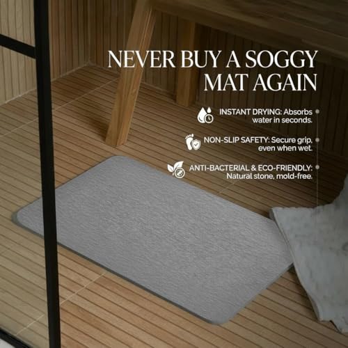 Image of Stone Bath Mat | Diatomaceous Earth Non-Slip Quick Drying Bathroom Floor Mat | Super Absorbent Bathtub & Shower Mat | Odor Free, Safe & Clean for Bathroom & Kitchen (Light grey, 29.5 x 39.5 cm)