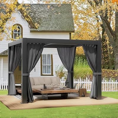 LVUYOYO Louvered Pergola 10' x 10', Outdoor Pergola with Adjustable Roof, Patio Aluminum Frame Metal Gazebo with Curtains and Netting for Patio, Backyard, Garden, Deck (Black)
