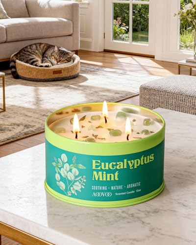 Image of AOOVOO Eucalyptus Mint Candle for Relaxation - 3 Wick 12oz Large Scented Candle with Green Aventurine & Eucalyptus Leaves Inside, Soy Candles Non Toxic for Meditation, Stress Relief, Energy Cleansing