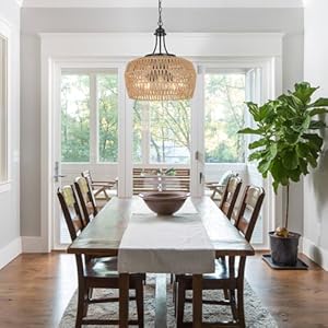 HMVPL Large Farmhouse Chandeliers for Dining Room 5 Light Rattan Boho Chandelier Light Fixture with Wicker Lampshade Coastal Hanging Pendant Lighting for Kitchen Island Bedroom Living Room Nursery