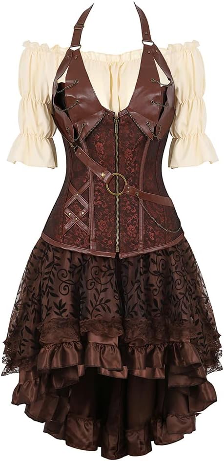Women Steampunk Leather Corsets Tops with Gothic Skirt and White Off Shoulder Blouse