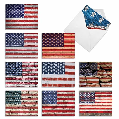 The Best Card Company - 10 American Flag Boxed Cards Blank (4 x 5.12 Inch) - Assorted Patriotic Cards for All Occasions, Veterans, USA - Flag Day M2013