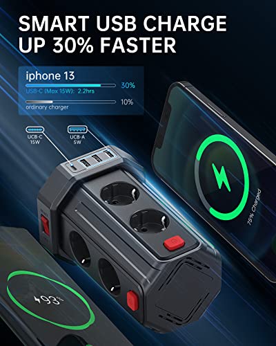 Steckdosenleiste mit 4 USB, Sameriver 8 Fach Mehrfachsteckdose Überspannungsschutz, Steckdosenleiste Steckdose mit Schalter, 3M Verlängerungskabel,Steckdosenturm Mehrfachstecker für Zuhause,Büro – Bild 6