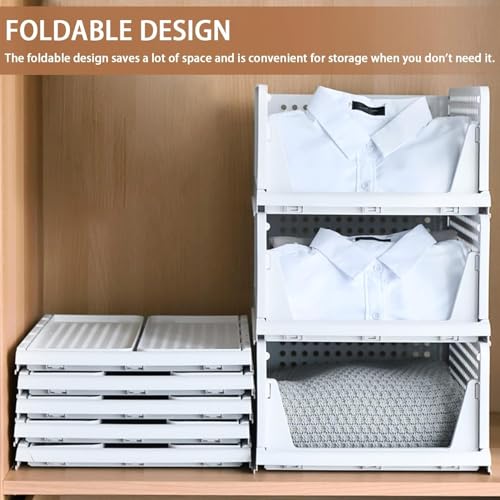 Image of RECLUSE Stackable Closet Drawers Set of 4 Stackable Foldable Wardrobe Storage Boxes Plastic Wardrobe Shelves Cupboard Organiser Box Pull Out Like a Drawer Suitable for Home Bedroom Kitchen