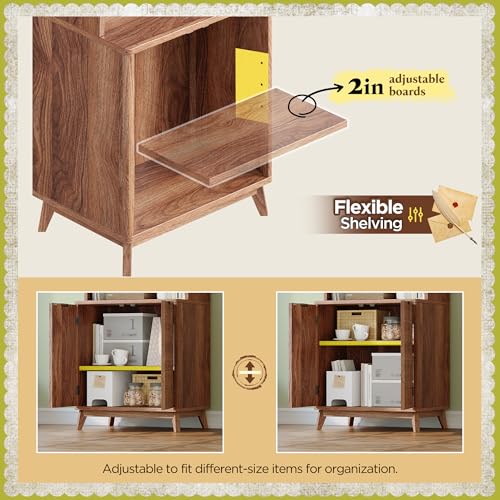 DurayLoly Tall Bookshelf with Doors, 6-Tier Bookcase with Adjustable Shelves & Storage,Fluted Cabinet Mid-Century Modern Wooden Book Shelf for Home Office, Living Room, Kitchen, Walnut