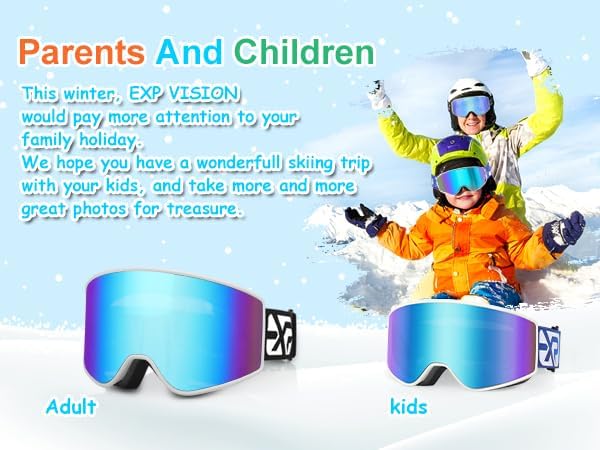EXP VISION Gyerek Síszemüveg - Kék, Páramentes, 100% UV Védelemmel, Szemüveg Kompatibilis, Sisakkal Használható Snowboard Szemüveg 2-14 Éves