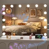 Hasipu Hollywood Vanity Mirror with Lights and Bluetooth Speaker, 29' x 20' Makeup Mirror with 14 Dimmable LED Bulbs 3 Color Modes, 5X Magnifying Glass, Touch Control, USB and Type-C, Tempered Glass