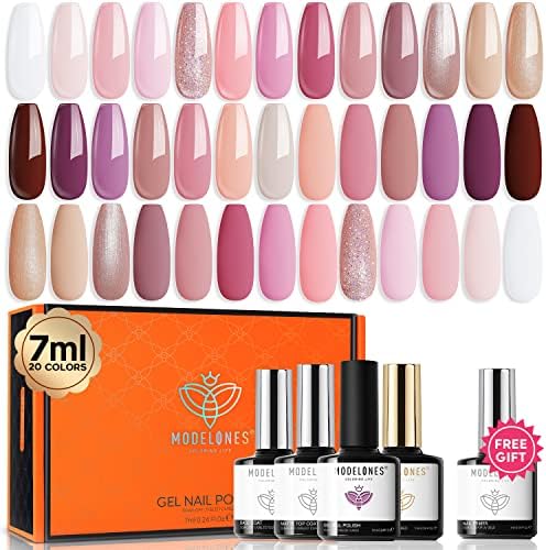 Modelones 24 Pcs Gel Nail Polish Kit, 20 Colors Neutral Bubble Bath Collection Nude Pink Glitter All Seasons Skin Tone Gel Polish Nail Set with Bond Primer Glossy & Matte Top Base Coat Nail Art Manicure DIY Salon Home Gifts