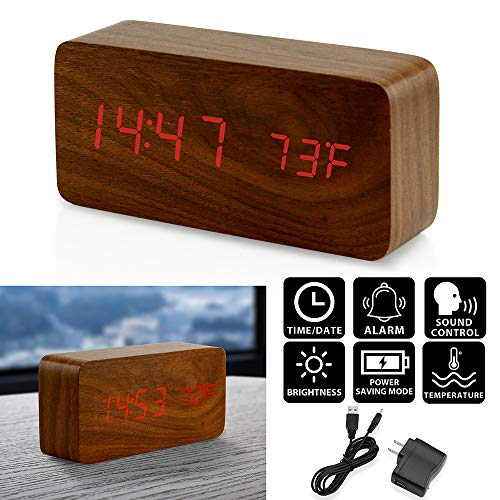 Oct17 Wooden Digital Alarm Clock, Multi-Function Smart Alarm Clock, Led Light Alarm Clock With Usb Power Supply, Voice Control, Thermometer - Brown #TOP1