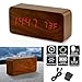 OCT17 Wooden Digital Alarm Clock, Multi-Function Smart Alarm Clock, LED Light Alarm Clock with USB Power Supply, Voice Control, Thermometer - Brown
