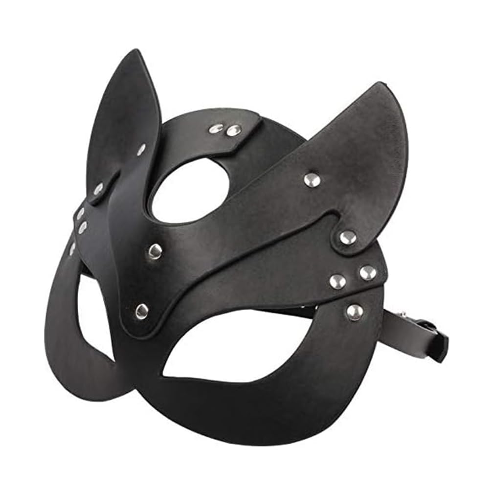 2 piezas de accesorios de juego de rol de cuero PU negro para fiestas, látigo y máscara de zorro