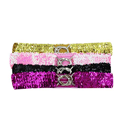4 Pack Women Girls Sparkly Glitter Sequin Stretchy Elastic Waist Belt Wide Dress Belt Corset Cinch Belt (Gold+Rose+Black+Pink) #TOP2