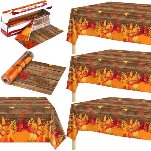 Image of Kochorie 100 Ft x 54 Inch Fall Plastic Tablecloth Roll with Slide Cutter Thanksgiving Pumpkin Maple Leaves Table Cloth Autumn Harvest Party Table Cover Roll for Autumn Events Family Banquet Parties