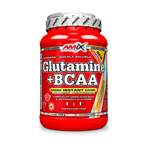 Amix - Glutamina + Bcaa - Suplemento Alimenticio - Mejora del Rendimiento - Contiene Aminoácidos Bcaa - Glutamina en Polvo - Nutrición Deportiva - Sabor a Mango - Bote de 1 Kg