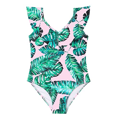 7 to 14 Years Girls One Piece V Neck Swimsuit Tropical Leaves Print Bathing Suit for Teen Kids Beach Pool Swimwear