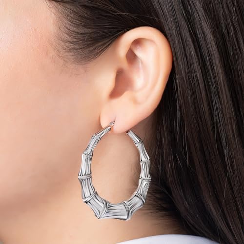 925 Sterling Silver Bamboo Earrings Women, Boho Style Large Hoop Earrings Door Knocker Earrings for Party, Anniversary < Birthday2
