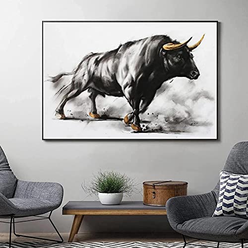 HTWLMM Impression sur Toile Tableau Animal Tauromachie Noir Taureau Peintures Decoration Affiche...