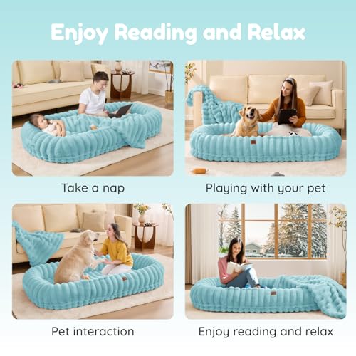 ChiXnuggle Human Sized Dog Bed for Adults, Giant Faux Fur Striped Washable Dog Bed with Orthopedic Foam Support and Blanket, Cozy Lounger for Reading, Napping & Cuddling with Pets, 72"x40"x10", Blue by ChiXnuggle - Image 8