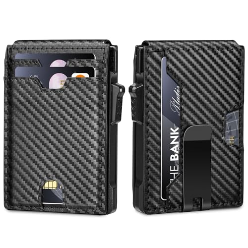 Minimalist Wallet for Men,Slim RFID Blocking Bifold Wallet Credit Card Holder Aluminum Pop-Up Card Case with Money Clip (Carbon Fiber Black)
