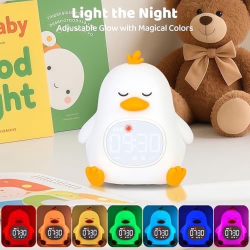 Image of Sleepy Duck Alarm Clock with Night Light for Kids with Sleep Training and Sound Machine, Rechargeable Silicone Lamp OK to Wake Clock,Cute Animal Tabletop Lamp, Perfect Sleep Companion for Boys Girls
