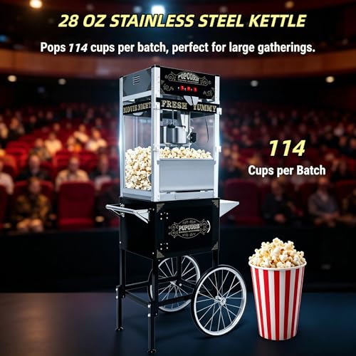 Image of 28oz Commercial Popcorn Machine Vintage Black Pop Corn Popper Cart | 28OZ Non-stick Stainless Steel Kettle, 3-Switch Control, Home Theater Style for Movie Night, Party, Office, School, Business