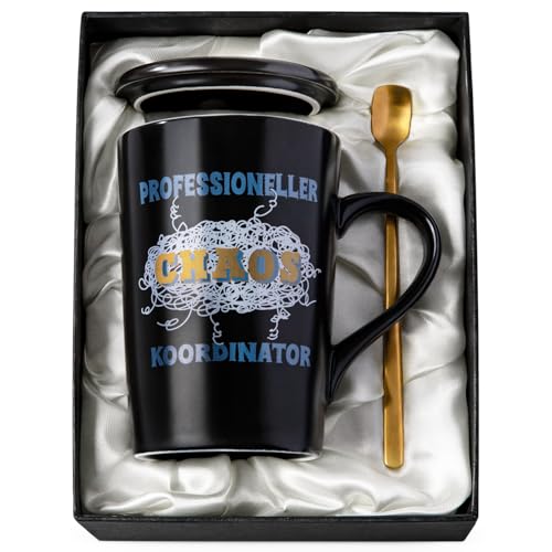 Bester Chef Geschenke Kaffeebecher, Professioneller Chaos Koordinator - Lustige Geburtstagsgeschenk für Männer Chef Vater Papa, 14Oz Schwarz Tasse mit Deckel Löffel Karten, Schöne Geschenkbox