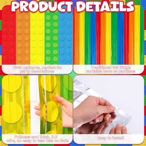 Image of Tiamon 2 Pack Building Blocks Party Decorations 3.3 x 6.6 Ft Foil Fringe Curtains Colorful Blocks Birthday Backdrop Tinsel Streamers Photo Booth Props for Brick Baby Shower Birthday Party Supplies