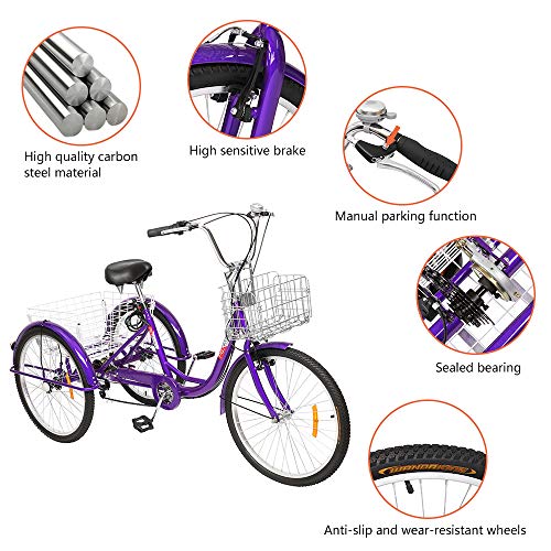 Pexmor Adult Tricycle, 7 Speed Trike Cruiser Bike With 26"/24" Wheel, 3 Wheeled Bike With Foldable Front & Rear Basket Adjustable Height Seat For Recreation, Shopping, Picnic, Exercise (24 ", Purple) #TOP1