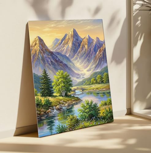 Image of ArtX Mountain Canvas Painting for Wall Decoration, Mountain Painting Vastu, River Valley Nature Wall Art, Gallery Wrapped for Living Room, Bedroom, Office Decor, 45 x 58 cm