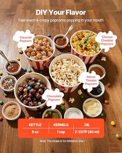 Image of VEVOR Popcorn Machine with Cart, 8oz Stainless Steel Kettle, 800W Commercial Popcorn Maker, 48 Cups per Batch Theater Style Popper, with 2-Button Control Glass Wall PC Door 1 Scoop 3 Spoons, White