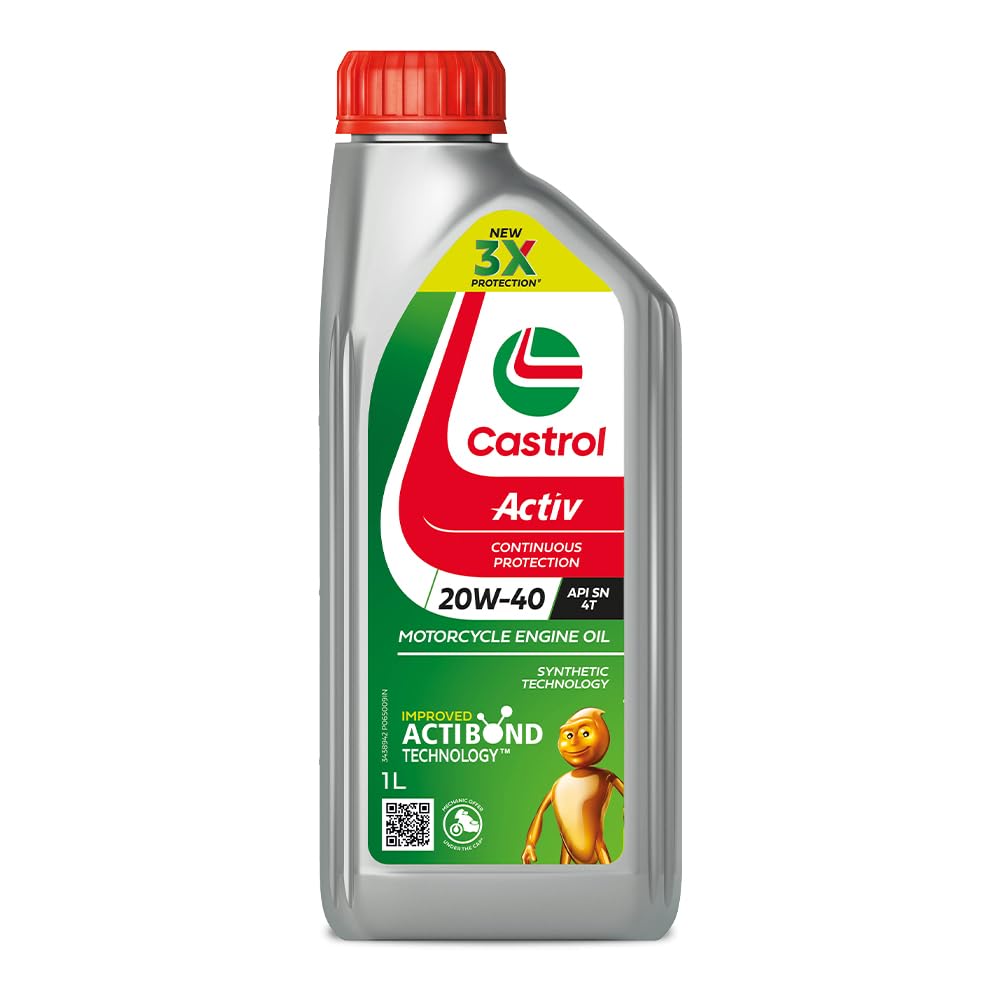 Castrol Activ 20W-40 4T Engine Oil for Bikes with Synthetic Technology (1L) |3X Protection with Actibond Technology | Engine Protection for Bikes | API SN and JASO MA2
