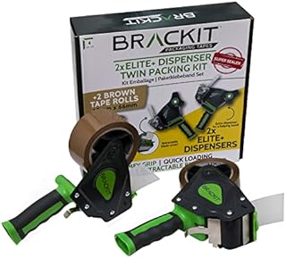 Brackit Packaging Tape Set - 2 Brown Tapes with 2 Dispensers - 48mm x 66m - 2 Roll Pack  Strong Heavy Duty Tape for General Use or Moving Home  Easily Seal Your Parcels and Boxes