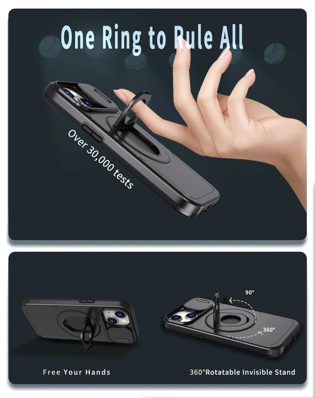 Image of LuxuryKase MagSafe Shockproof Rugged Back Case for iPhone 14 Plus | Finger Ring Kickstand & Sliding Camera Cover | Military Drop Protection | Wireless Charging Support - Black