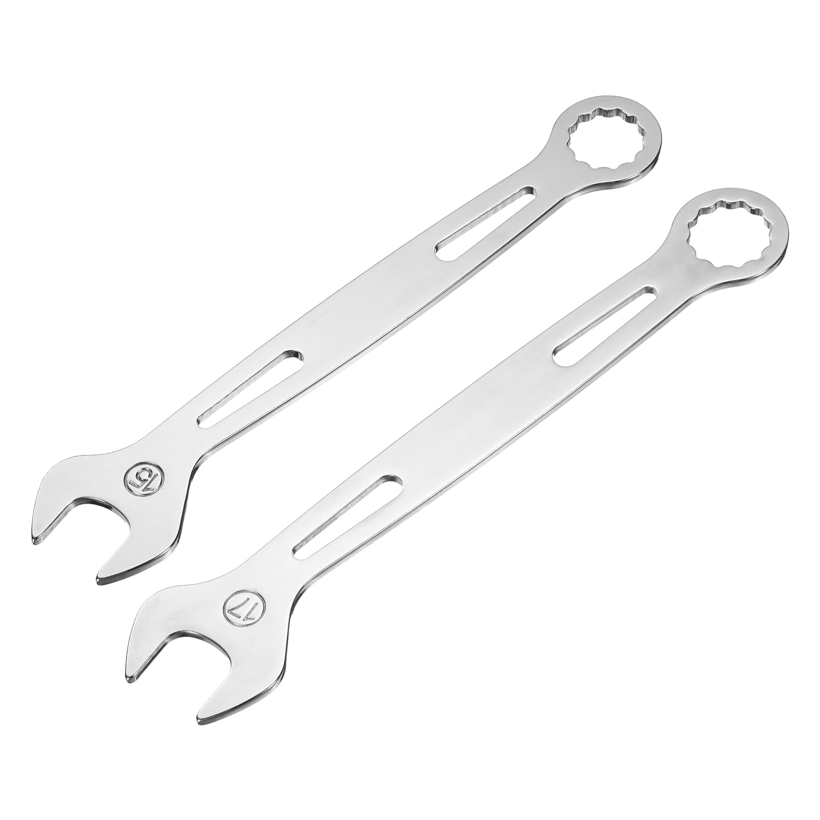 sourcing map 2Pcs Combination Wrench 15mm/17mm Metric Super Thin 12-Point Box and Open End Chrome Vanadium Steel Double Ended Spanner Tool for Automotive Furniture Machinery DIY Repair, Silver โ image 1