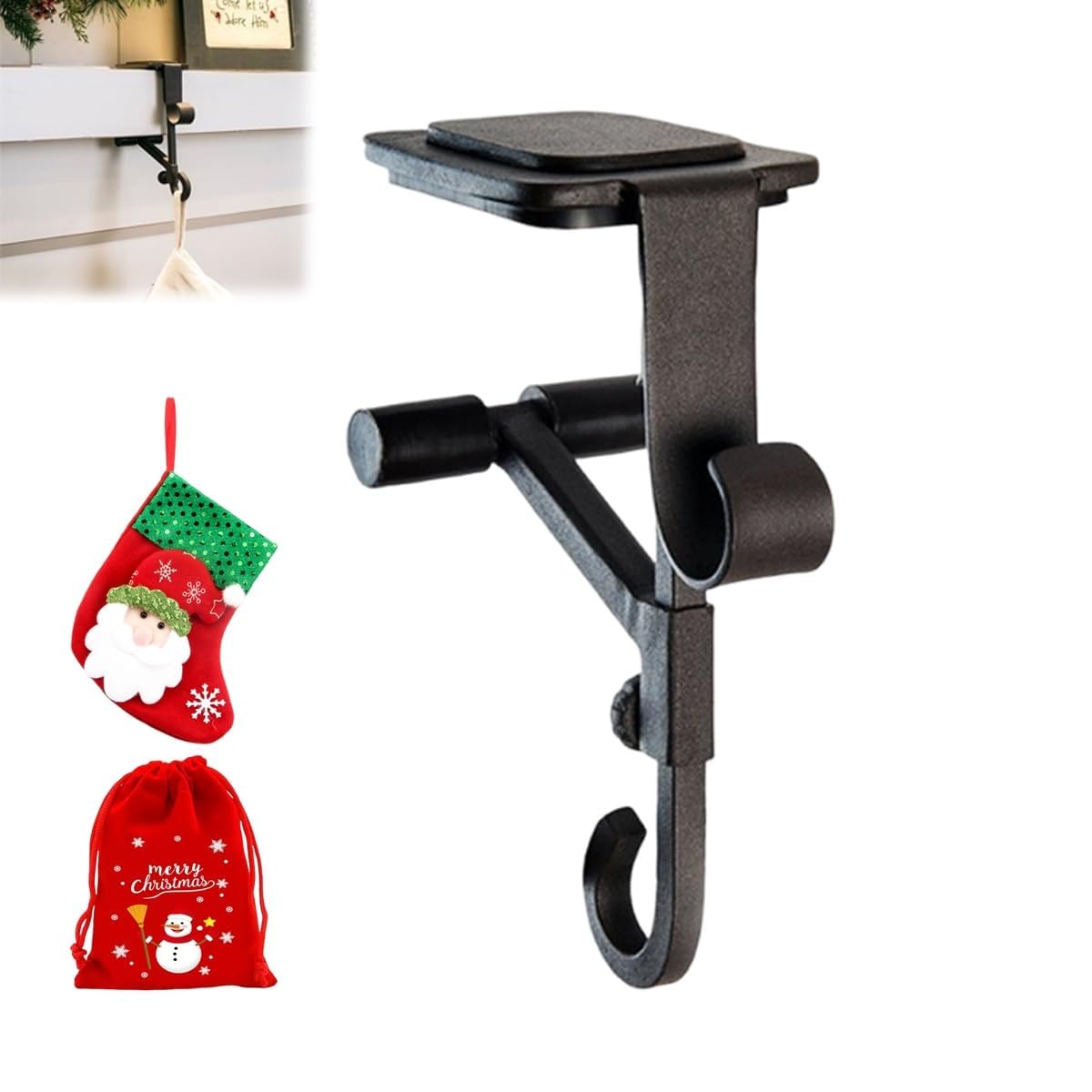 Paeose Fireplace Stocking and Garland Hanger, Heavy Duty 2-in-1 Garland Hangers for Mantle, Adjustable No Drill Hook, Fits 0.5" to 8.5" Mantels, Holds 20lbs, Christmas Decor (Black-1pc)