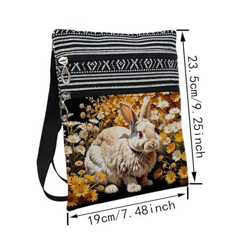 Floral Bunny Messenger Bag Small Ethnic Pattern Printed Adjustable Strap Crossbody Zipper Pouch Floral Bunny Phone Organizer Wallet Cute Shoulder Handbag for Women-32