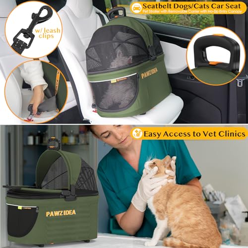 PAWZIDEA Cat Stroller 4 in 1, Pet Stroller for Small/Medium Dogs with Detachable Carrier Easy Lock NO-Zip Canopy, Seatbelt Dog Car Seat, Cozy House, Foldable Dog Jogger Strollers, Large Storage Basket - Thumbnail 3