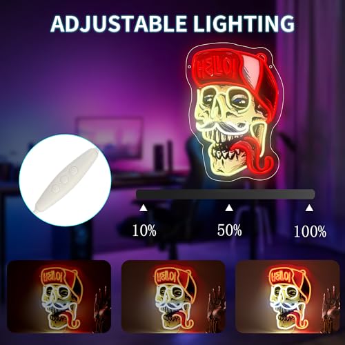 Image of Skull Wearing Hello Hat LED Neon Sign USB Powered for Wall Decor, Horror Skull Tongue Neon Night Light Sign Dimmable for Boys Room Party Decor Halloween Birthday Gifts