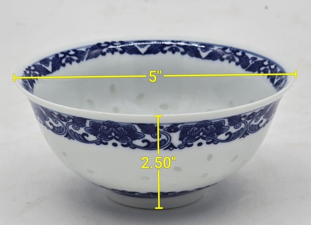 Festcool 6 Pcs Fine Porcelain Blue and White Rice Pattern Bowls, Cereal, Rice Bowls with Free 6 Porcelain Spoons Jingdezhen China (6)