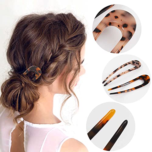 4 Pack Upgraded French Hair Pins Tortoise Shell U Shape Updo Hair Forks Clips for Thin Thick Hair,5.1 inch Classic Cellulose Acetate 2 Prong Bun Hair Sticks Chignon Women Vintage Hairstyle
