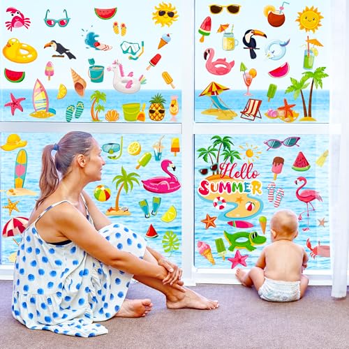 Image of Traplace 9 Sheets Summer Window Clings, Double Sided Summer Window Clings for Glass Windows, Hello Beach Decals, Sun Watermelon Pattern Stickers for Home Office Accessories Decorations