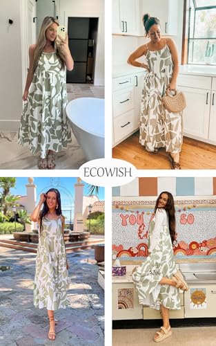 Image of ECOWISH Women Sleeveless Maxi Dress: Summer Spaghetti Strap Casual Loose Boho Beach Dress Asymmetric Tiered Flowy Long Dress