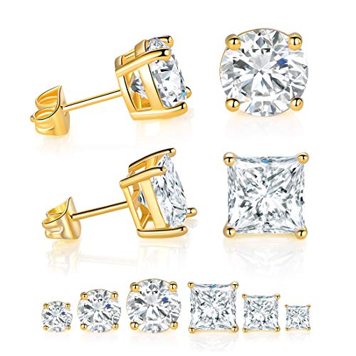 DwearBeauty 6 Pairs Yellow Gold Plated with Big Iced Cubic Zirconia Studs Earrings Packs Round Cut and Princess Cut