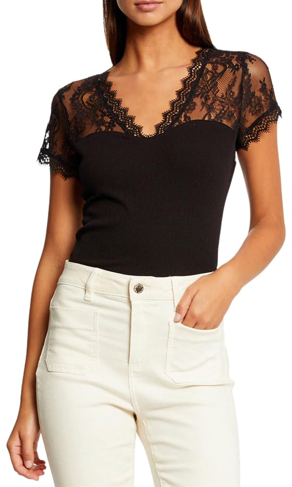 Morgan Short-Sleeved Lace T-Shirt, Black, UK 4